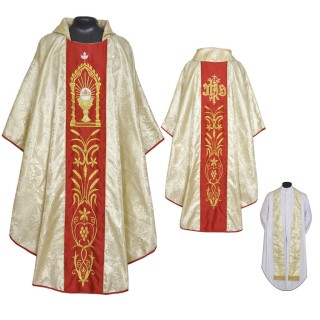 CASULLA BROCADA CON CALIZ Y JHS EN TEMPLETE BORDADO