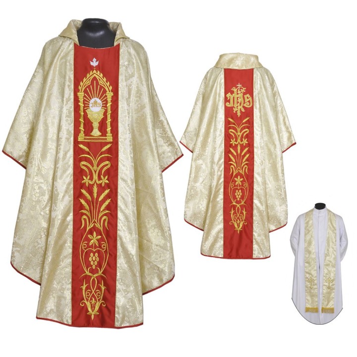 CASULLA BROCADA CON CALIZ Y JHS EN TEMPLETE BORDADO