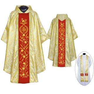 CASULLA BROCADA GALON CENTRAL ROJO JHS, TRIGO Y ROSAS.