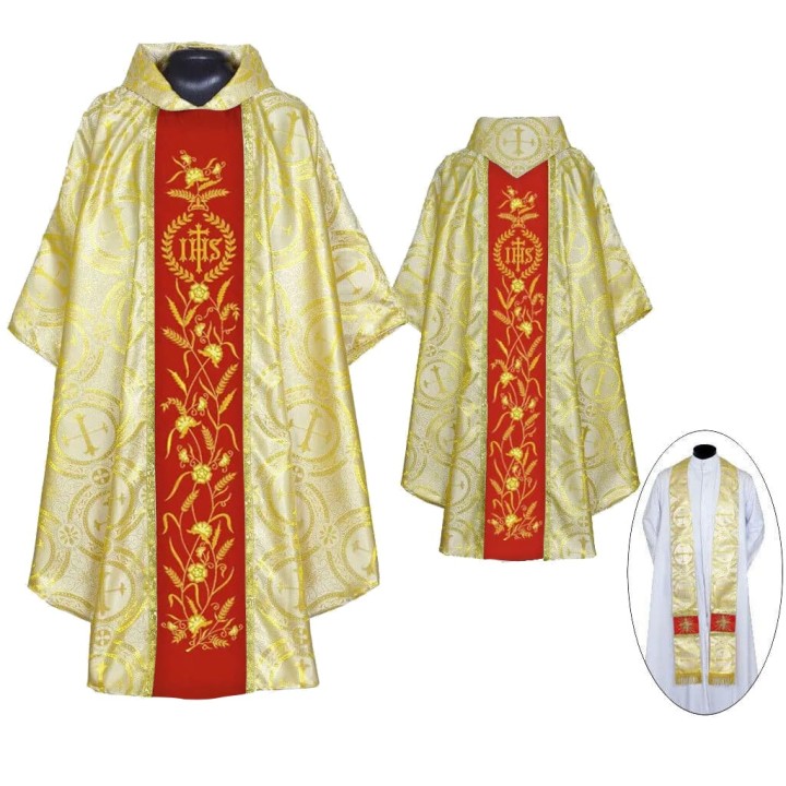 CASULLA BROCADA GALON CENTRAL ROJO JHS, TRIGO Y ROSAS.